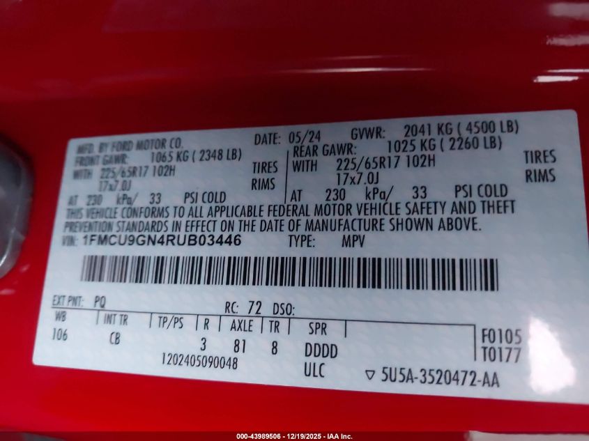 2024 Ford Escape Active VIN: 1FMCU9GN4RUB03446 Lot: 43989506