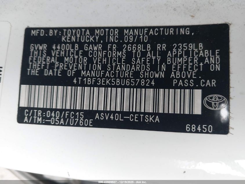 2011 Toyota Camry Se VIN: 4T1BF3EK5BU657824 Lot: 43989507