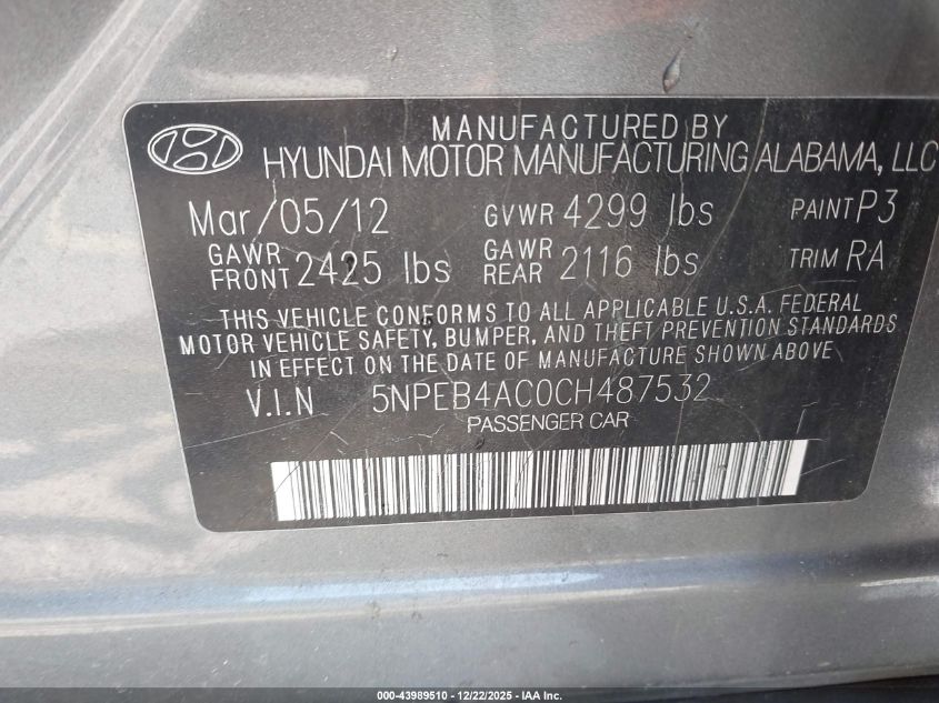 2012 Hyundai Sonata Gls VIN: 5NPEB4AC0CH487532 Lot: 43989510