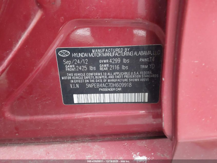 2013 Hyundai Sonata Gls VIN: 5NPEB4AC7DH609918 Lot: 43989511