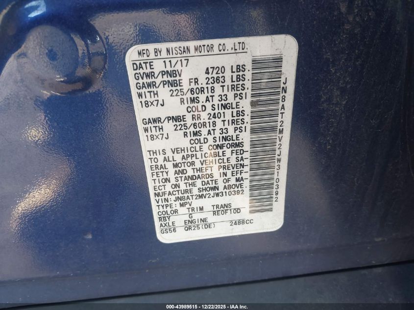 2018 Nissan Rogue Sl VIN: JN8AT2MV2JW310392 Lot: 43989515