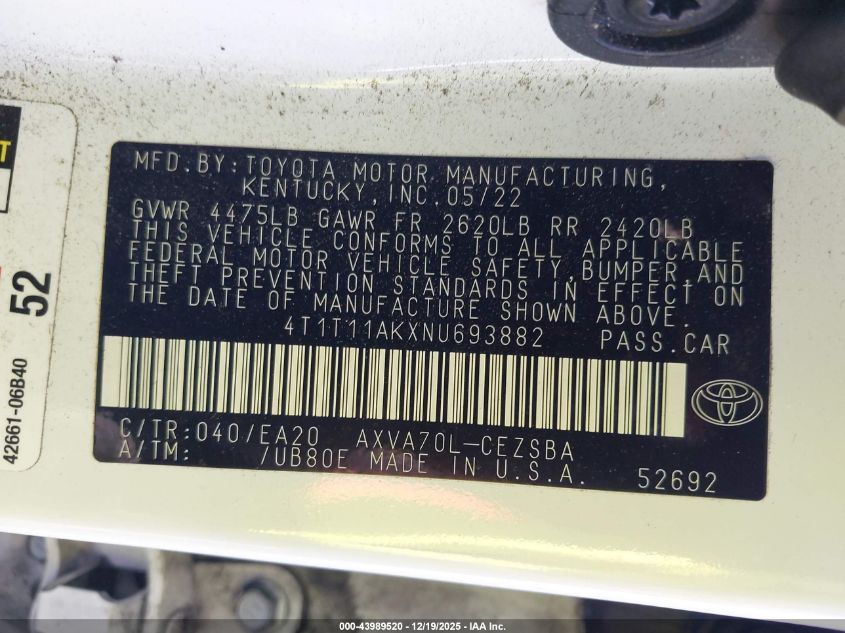 2022 Toyota Camry Se VIN: 4T1T11AKXNU693882 Lot: 43989520