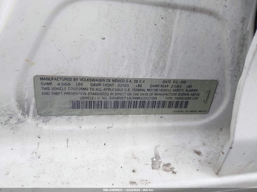 2008 Volkswagen Jetta Se VIN: 3VWRM71K98M120728 Lot: 43989523