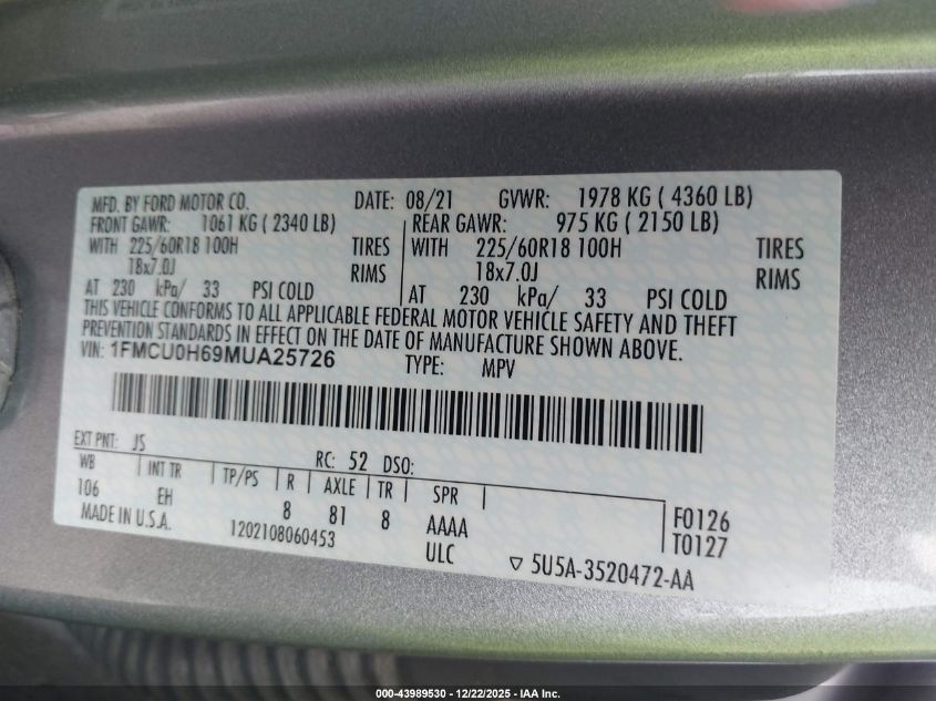 2021 Ford Escape Sel VIN: 1FMCU0H69MUA25726 Lot: 43989530