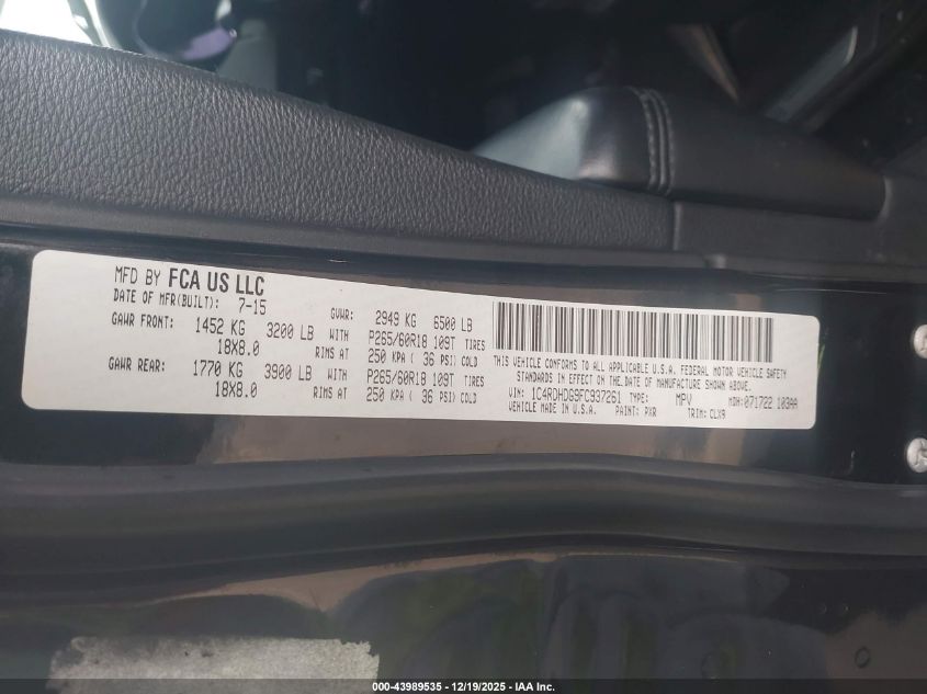 2015 Dodge Durango Limited VIN: 1C4RDHDG9FC937261 Lot: 43989535