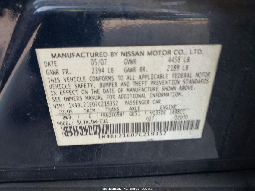 2007 Nissan Altima 3.5 Se VIN: 1N4BL21E07C219352 Lot: 43989537