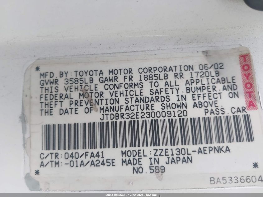 2003 Toyota Corolla Le VIN: JTDBR32E230009120 Lot: 43989538