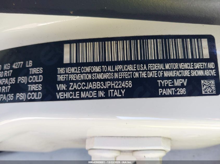 2018 Jeep Renegade Latitude Fwd VIN: ZACCJABB3JPH22458 Lot: 43989551