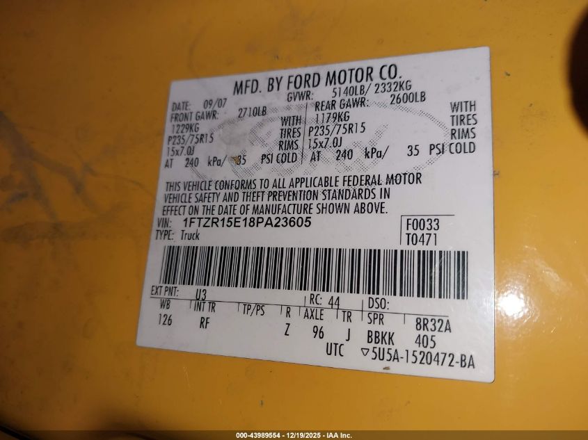 2008 Ford Ranger Xlt VIN: 1FTZR15E18PA23605 Lot: 43989554