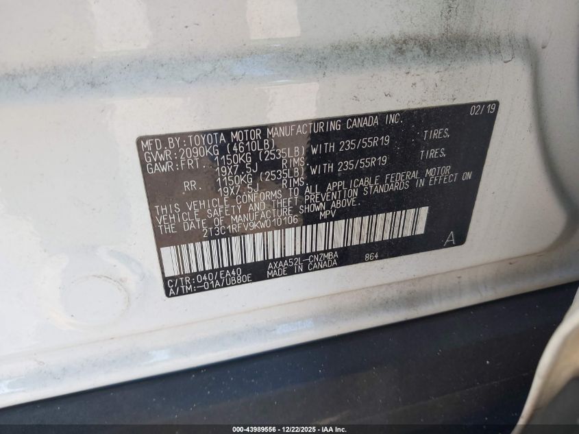 2019 Toyota Rav4 Xle Premium VIN: 2T3C1RFV9KW010106 Lot: 43989556