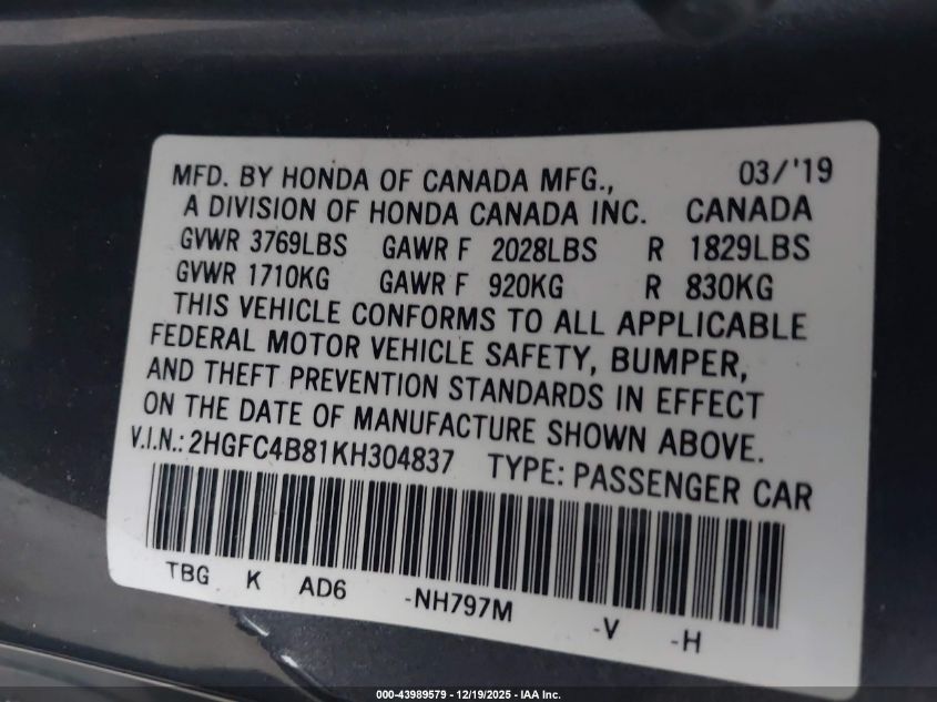 2019 Honda Civic Sport VIN: 2HGFC4B81KH304837 Lot: 43989579