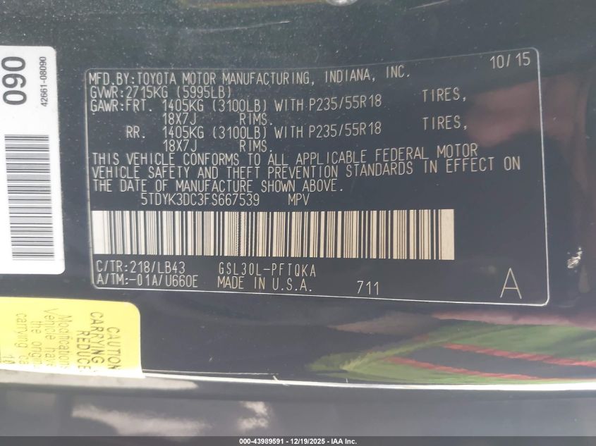 2015 Toyota Sienna Limited Premium 7 Passenger VIN: 5TDYK3DC3FS667539 Lot: 43989591