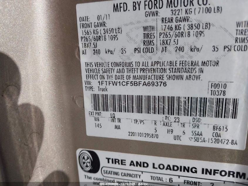 2011 Ford F-150 Xlt VIN: 1FTFW1CF5BFA69376 Lot: 43989595