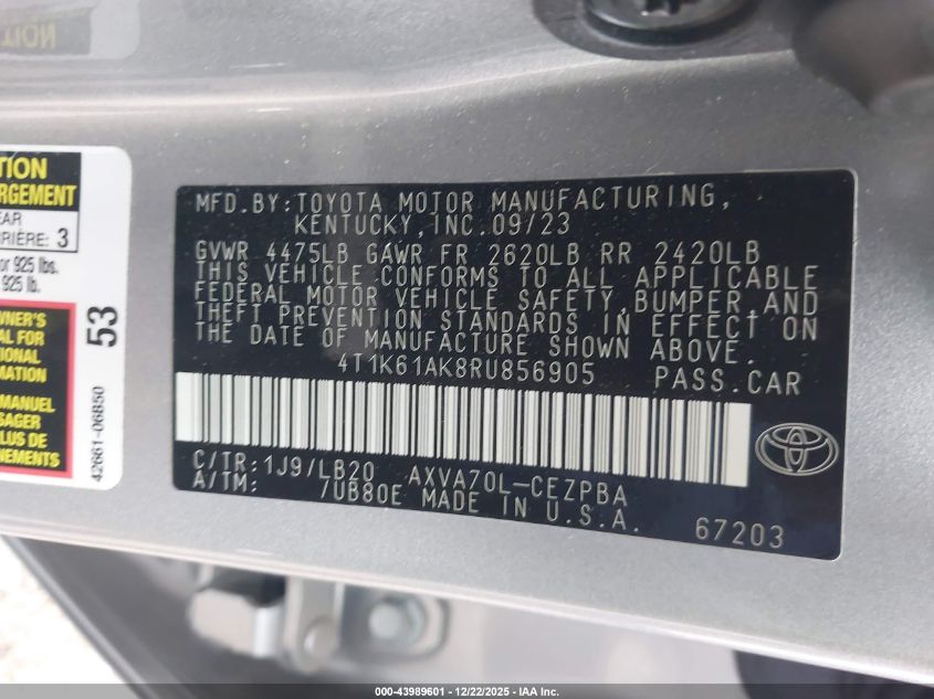 2024 Toyota Camry Xse VIN: 4T1K61AK8RU856905 Lot: 43989601