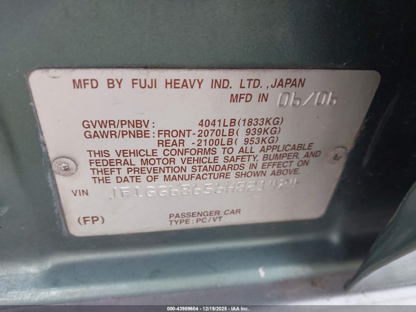 2006 Subaru Impreza Outback Sport VIN: JF1GG68656H821424 Lot: 43989604