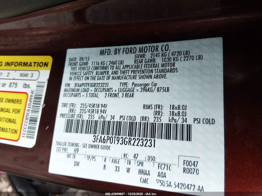 2016 Ford Fusion Se VIN: 3FA6P0T93GR223231 Lot: 43989607