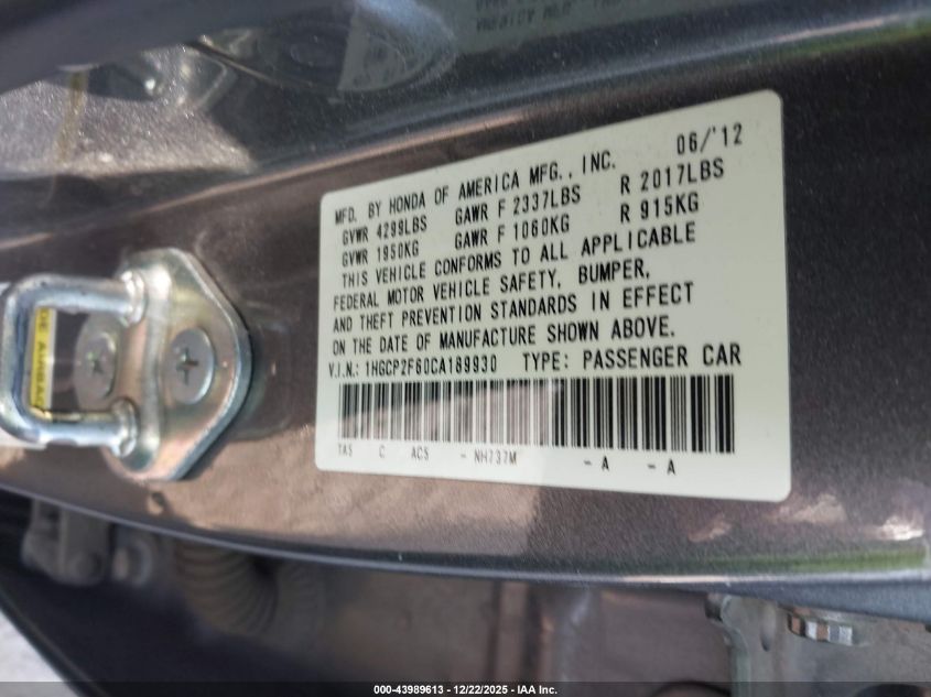 2012 Honda Accord 2.4 Se VIN: 1HGCP2F60CA189930 Lot: 43989613