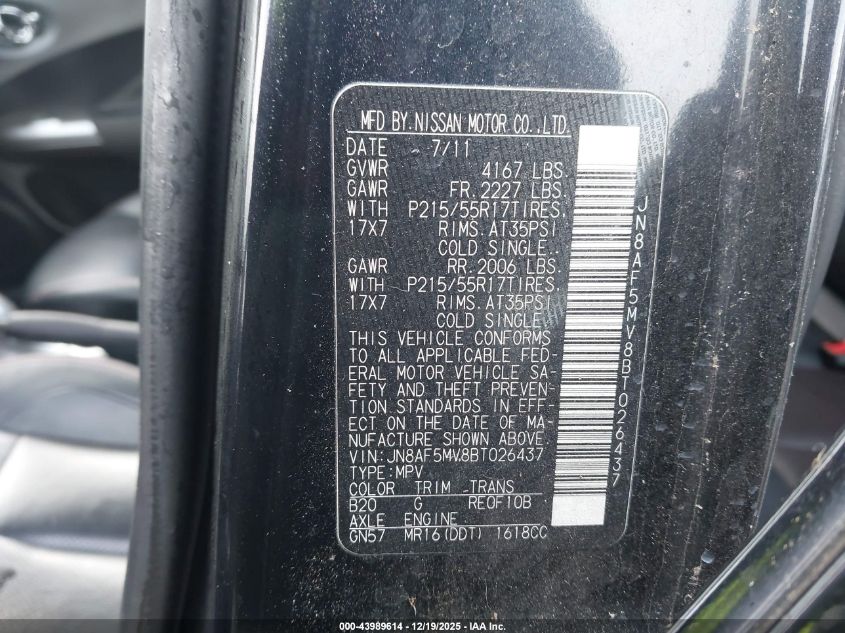 2011 Nissan Juke Sl VIN: JN8AF5MV8BT026437 Lot: 43989614