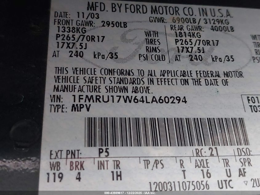 2004 Ford Expedition Eddie Bauer VIN: 1FMRU17W64LA60294 Lot: 43989617