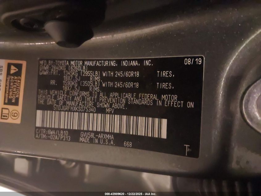 2019 Toyota Highlander Hybrid Xle VIN: 5TDJGRFHXKS075340 Lot: 43989620