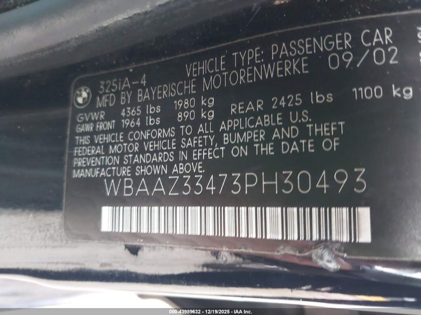 2003 BMW 325I VIN: WBAAZ33473PH30493 Lot: 43989632