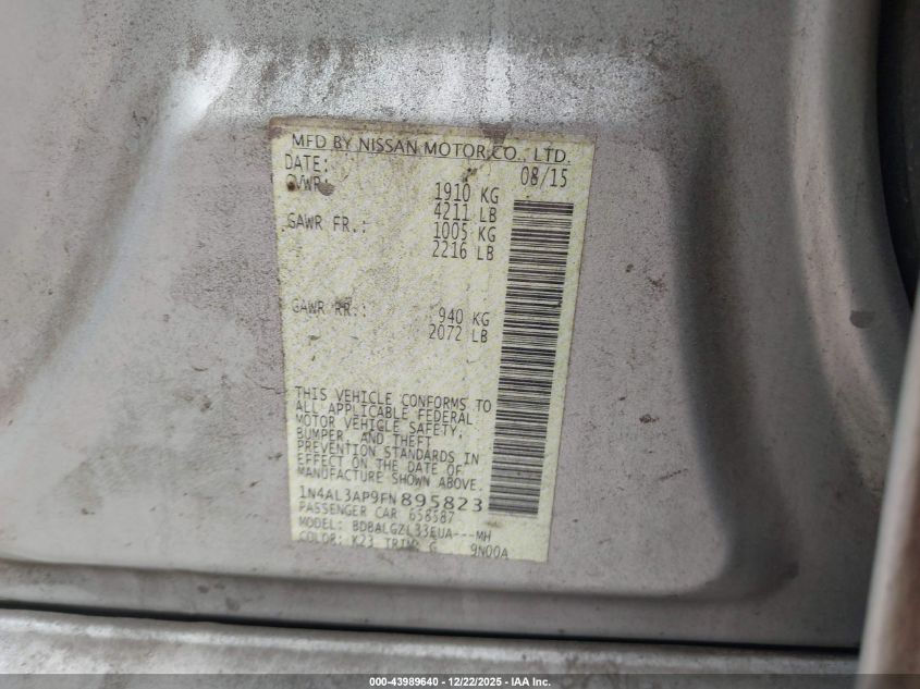 2015 Nissan Altima 2.5 S VIN: 1N4AL3AP9FN895823 Lot: 43989640