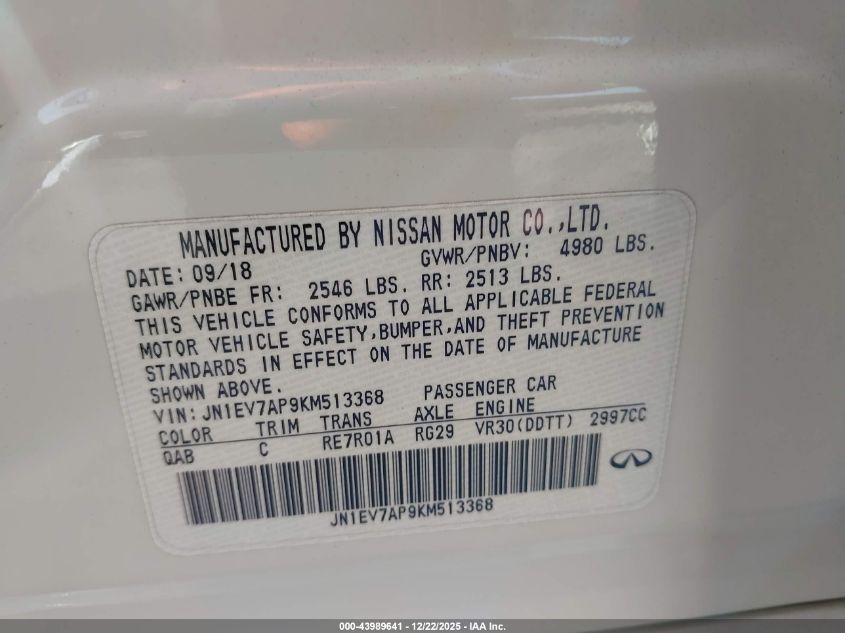 2019 Infiniti Q50 3.0T Luxe VIN: JN1EV7AP9KM513368 Lot: 43989641