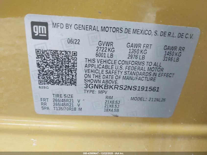 2022 Chevrolet Blazer Awd Rs VIN: 3GNKBKRS2NS191561 Lot: 43989647