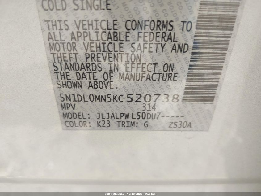 2019 Infiniti Qx60 Pure VIN: 5N1DL0MN5KC520738 Lot: 43989657