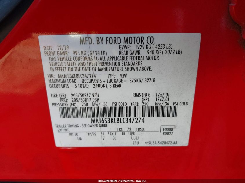 2020 Ford Ecosport Titanium VIN: MAJ6S3KL8LC347274 Lot: 43989659