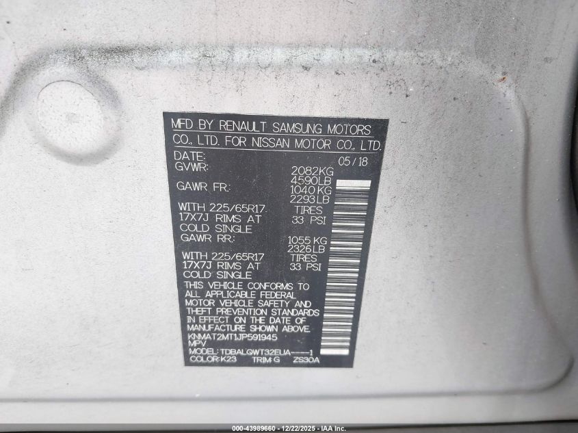 2018 Nissan Rogue Sv VIN: KNMAT2MT1JP591945 Lot: 43989660