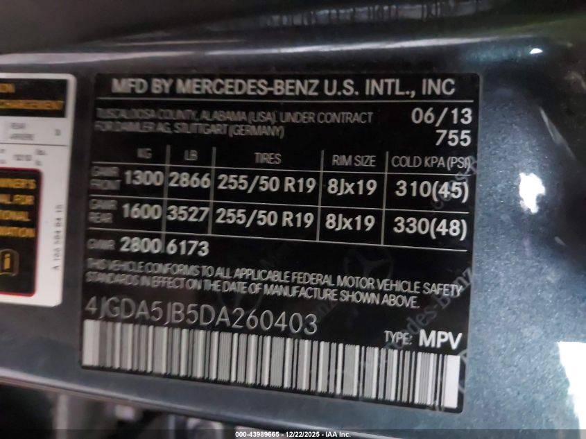 2013 Mercedes-Benz Ml 350 VIN: 4JGDA5JB5DA260403 Lot: 43989665