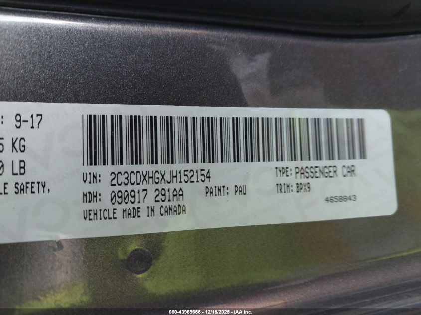 2018 Dodge Charger Sxt Plus Rwd VIN: 2C3CDXHGXJH152154 Lot: 43989666