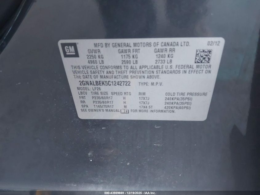 2012 Chevrolet Equinox Ls VIN: 2GNALBEK5C1242722 Lot: 43989669