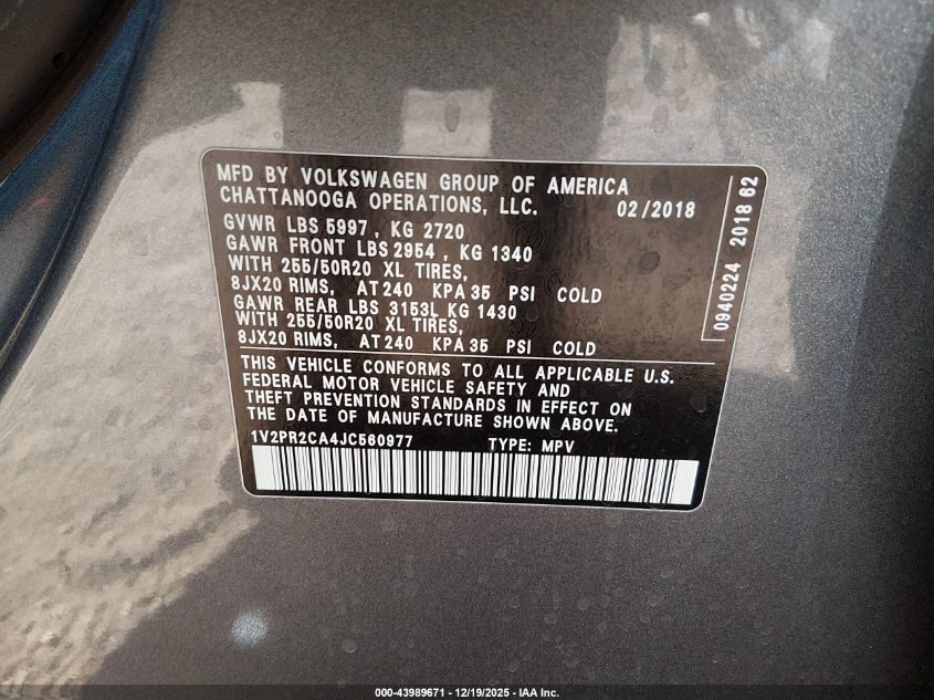 2018 Volkswagen Atlas 3.6L V6 Se W/Technology VIN: 1V2PR2CA4JC560977 Lot: 43989671