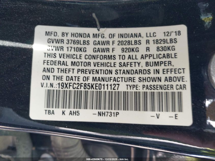 2019 Honda Civic Sport VIN: 19XFC2F85KE011127 Lot: 43989679
