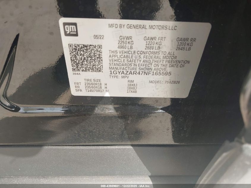 2022 Cadillac Xt4 Fwd Luxury VIN: 1GYAZAR47NF165595 Lot: 43989681