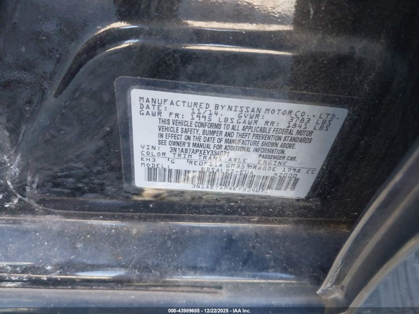 2014 Nissan Sentra Sv VIN: 3N1AB7APXEY334071 Lot: 43989688