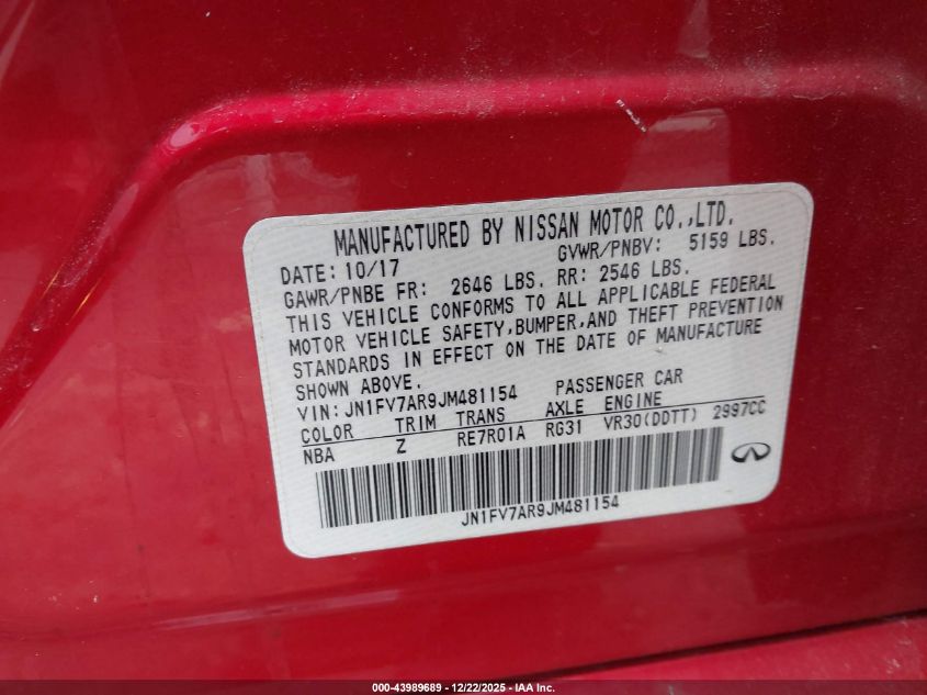 2018 Infiniti Q50 3.0T Red Sport 400 VIN: JN1FV7AR9JM481154 Lot: 43989689