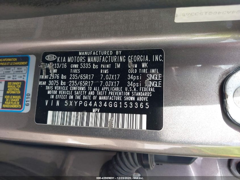 2016 Kia Sorento 2.4L Lx VIN: 5XYPG4A34GG153365 Lot: 43989691