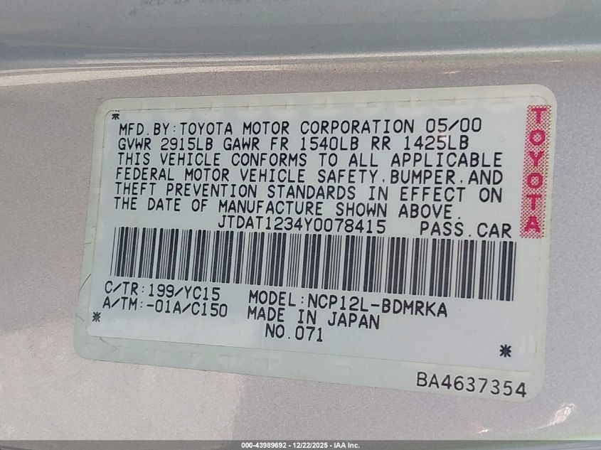 2000 Toyota Echo VIN: JTDAT1234Y0078415 Lot: 43989692