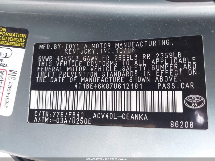2007 Toyota Camry Le VIN: 4T1BE46K87U612181 Lot: 43989708
