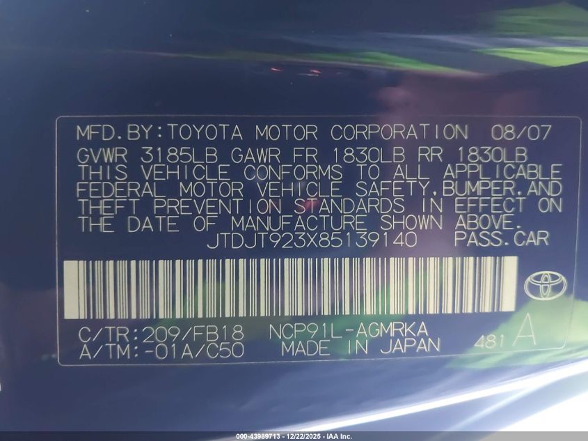 2008 Toyota Yaris VIN: JTDJT923X85139140 Lot: 43989713