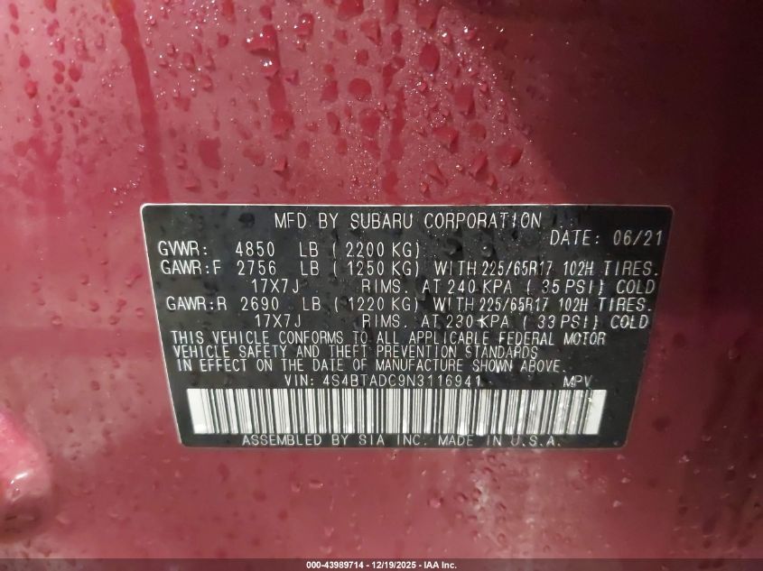 2022 Subaru Outback Premium VIN: 4S4BTADC9N3116941 Lot: 43989714