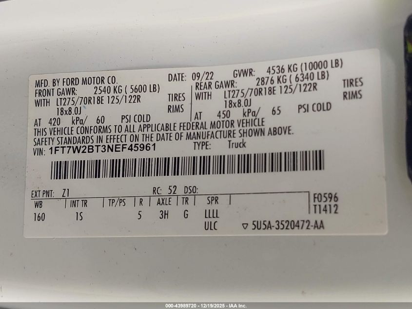 2022 Ford F-250 Xl VIN: 1FT7W2BT3NEF45961 Lot: 43989720