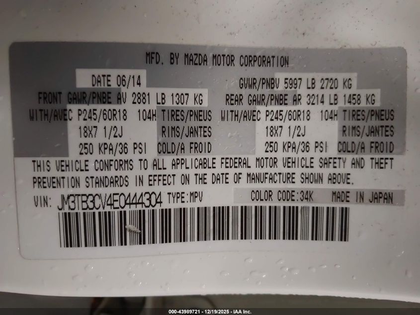 2014 Mazda Cx-9 Touring VIN: JM3TB3CV4E0444304 Lot: 43989721