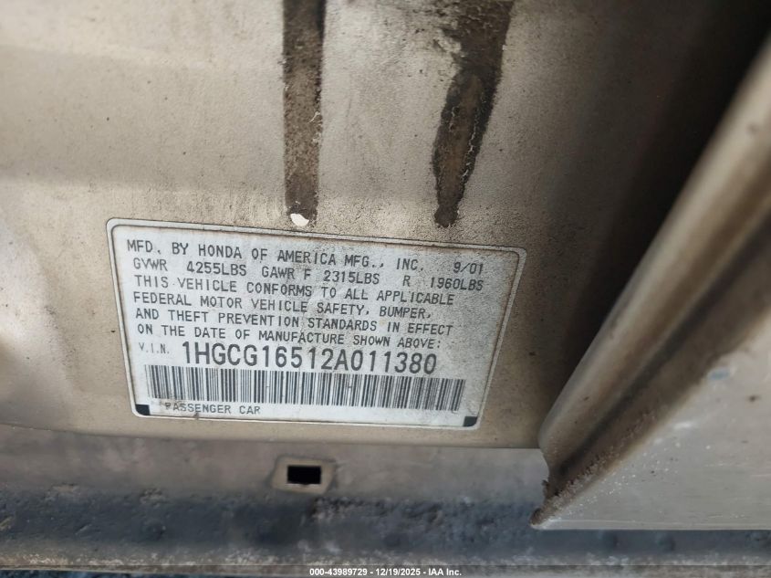 2002 Honda Accord 3.0 Ex VIN: 1HGCG16512A011380 Lot: 43989729