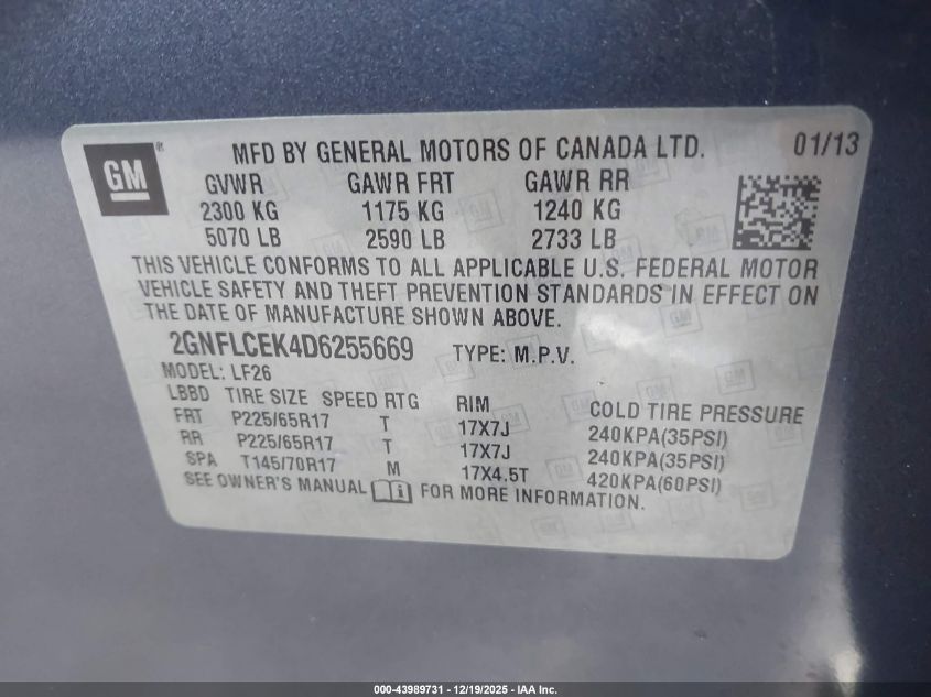 2013 Chevrolet Equinox Ls VIN: 2GNFLCEK4D6255669 Lot: 43989731
