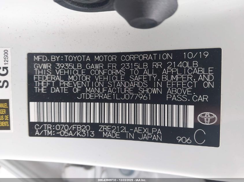 2020 Toyota Corolla Le VIN: JTDEPRAE1LJ077961 Lot: 43989733