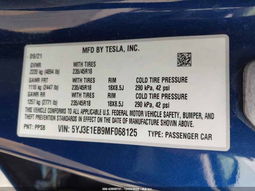 VIN 5YJ3E1EB9MF068125 2021 TESLA MODEL 3 LONG RANGE DUAL MOTOR ALL-WHEEL DRIVE